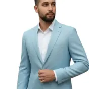 Sacou Bleu Ciel premium pentru bărbați din in 100%, croială Slim Fit, ideal pentru nunți, cununii civile și evenimente elegante de vară.