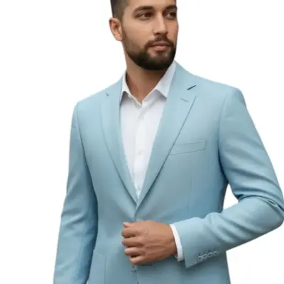 Sacou Bleu Ciel premium pentru bărbați din in 100%, croială Slim Fit, ideal pentru nunți, cununii civile și evenimente elegante de vară.