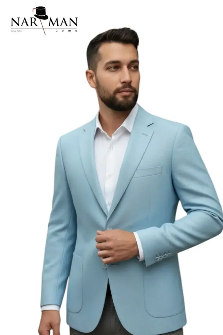 Sacou Bleu Ciel premium pentru bărbați din in 100%, croială Slim Fit, ideal pentru nunți, cununii civile și evenimente elegante de vară.