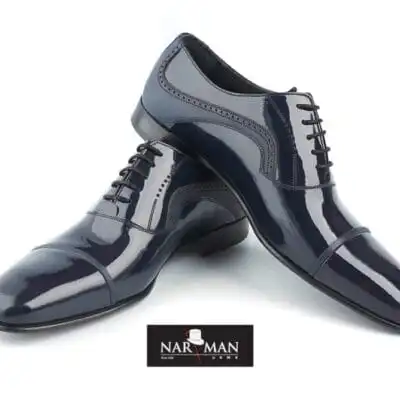 Pantofi barbati eleganti, albastri, de lac, cu siret -  PE29