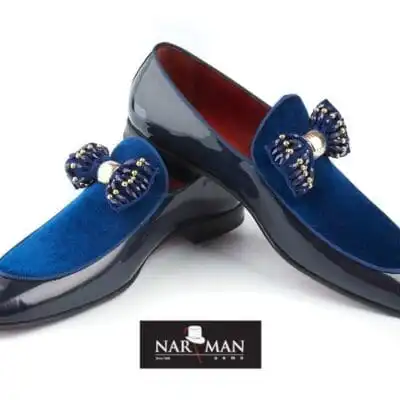 Pantofi barbati eleganti, albastri, de lac si catifea, fara siret, NARMAN PE30