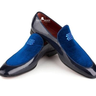 Pantofi barbatesti eleganti, albastri, piele, cristale, catifea, fara siret, NARMAN, PE36