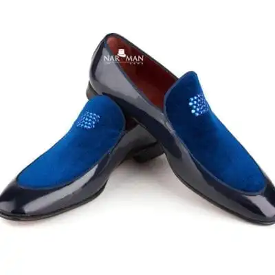 Pantofi bărbătești eleganți Narman – Piele lacuită și catifea albastru imperial, cristale de tip Swarovski - PE36