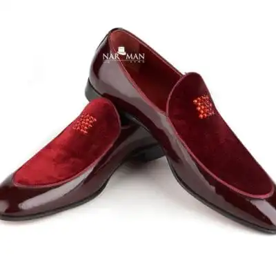 Pantofi bărbătești eleganți Narman – Piele lacuită și catifea roșu imperial, cristale de tip  Swarovski PE37