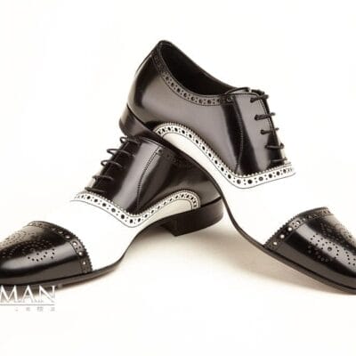Pantofi barbatesti eleganti, alb cu negru, piele, cu siret, NARMAN, PE59