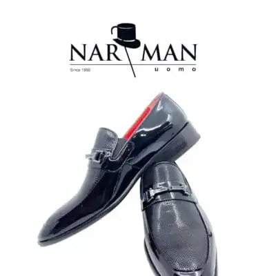 Pantofi eleganți bărbătești Narman – Piele lăcuită negru, slip-on, talpă și interior roșu -  PE83