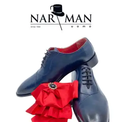 Pantofi eleganți bărbați Narman – Piele semi-lăcuită bleumarin cu șiret, talpă roșie și design - PE86