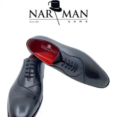 Pantofi eleganți bărbați Narman – Piele semi-lăcuită neagră cu șiret - PE87