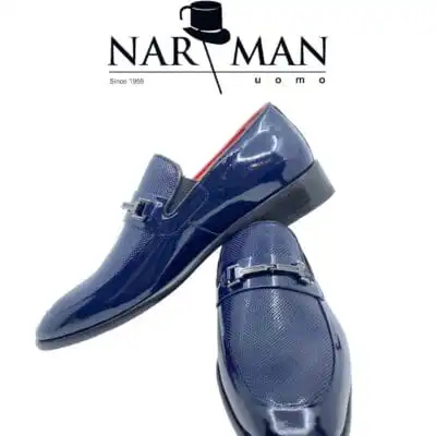 Pantofi eleganți bărbătești Narman – Piele lăcuită 100% bleumarin, slip-on, talpă și interior roșu - PE91