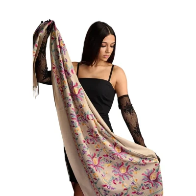 Șal din Lână și Cașmir cu Broderie Florală – Model SLC155 (Crem)