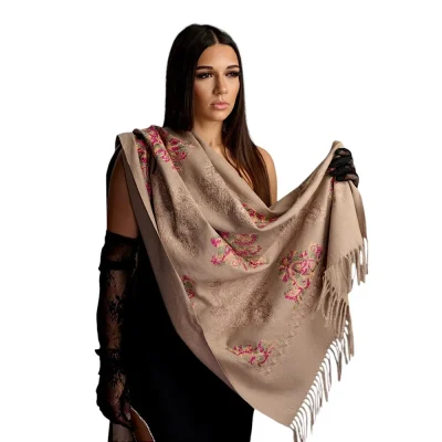 Șal din Lână și Cașmir cu Broderie – Model SLC160 (Crem)