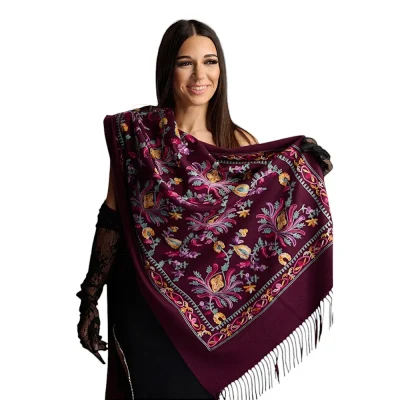 Șal din Lână și Cașmir cu Broderie Florală – Model SLC156 (Mov)