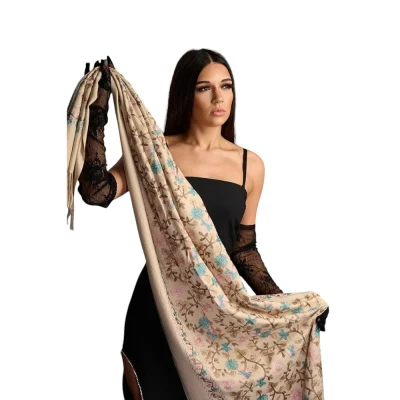 Șal din Lână și Cașmir cu Broderie Colorata – Model SLC146 (Ivoire)
