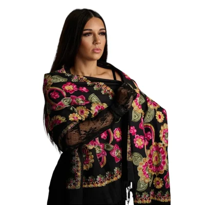 Șal din Lână și Cașmir cu Broderie Florală Colorată – Model SLC150 (Negru)