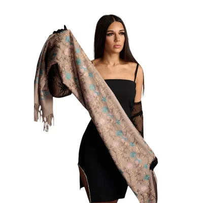 Șal din Lână și Cașmir cu Broderie Colorata – Model SLC148 (Crem)