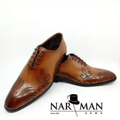 Pantofi bărbătești eleganți Narman – Piele semilucioasă maro cu design laser, talpă și interior din piele - PE63.