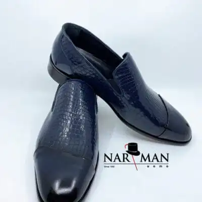 Pantofi eleganți bărbătești Narman – Piele lăcuită bleumarin, fără șiret, talpă și interior din piele - PE80