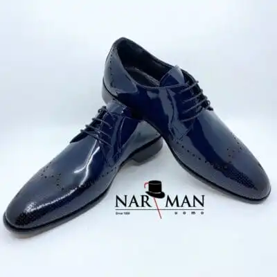 Pantofi bărbătești eleganți Narman – Piele lăcuită bleumarin cu șiret, interior și talpă din piele -  PE81