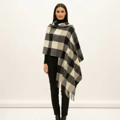 Șal elegant de damă negru-crem din cașmir și lână, Model Character