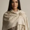 Șal damă bej deschis din cașmir și lână cu broderie Paisley