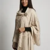 Șal damă bej deschis din cașmir și lână cu broderie Paisley