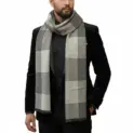 Fular bărbătesc din cașmir și lână, gri deschis și gri închis, model geometric în carouri Geometric Elegance