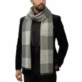 Fular bărbătesc din cașmir și lână, gri deschis și gri închis, model geometric în carouri Geometric Elegance