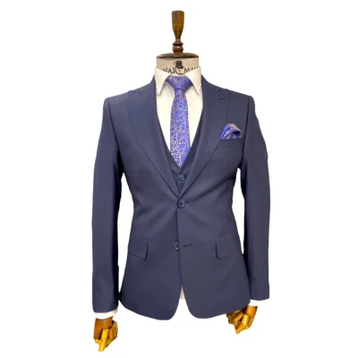 Costum Bleumarin din Lână 100% cu Guler Tip Spitz - CSA92