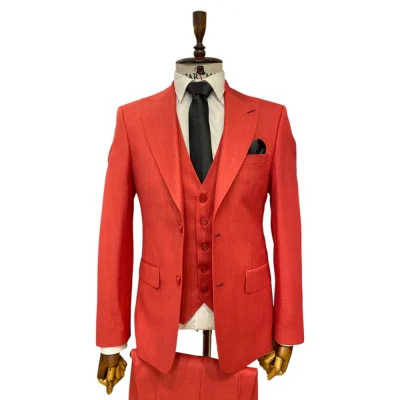 Costum Roșu din Lână 100% cu Guler Tip Spitz - CSA93