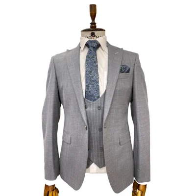 Costum Gri 3 Piese cu Vestă Stil Englezesc din Lână 100%- CSA95