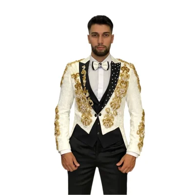 Costum de Mire Elegant și Extravagant – Lână și Mătase cu Cristale Cusute Manual- GLAM01