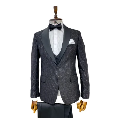 Costum Negru Elegant 4 Piese cu Guler Sal și Sclipici în Țesătură- GLAM11