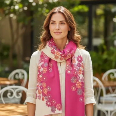 Șal Elegant din Lână și Cașmir – Model Flori (Roz fucsia cu Crem) - SLC506