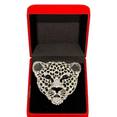Broșă Argintie cu Cap de Leopard din Oțel Inoxidabil – Accesoriu Statement  (BA34)