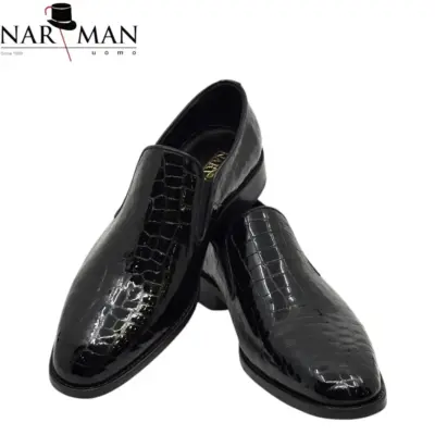 Pantofi Eleganți pentru Bărbați din Piele Lăcuită Neagră, Textură Croco, Fără Șiret
