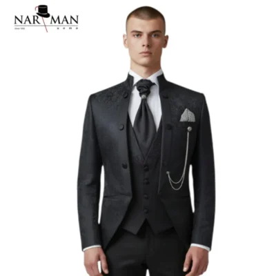 Costum mire și ginere cu guler tunică din țesătură Jakart Negru Elegant- CTB72