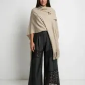 Șal elegant damă bej cenușiu din cașmir și lână, model uni