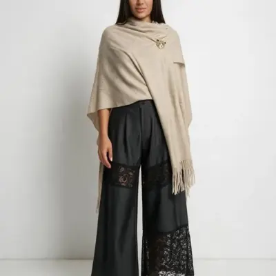 Șal elegant damă bej cenușiu din cașmir și lână, model uni