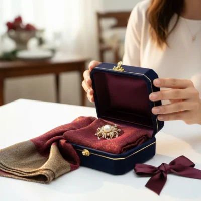 Set Deluxe Șal Mătase Bordo, Broșă Perlă și Pietre- PC15