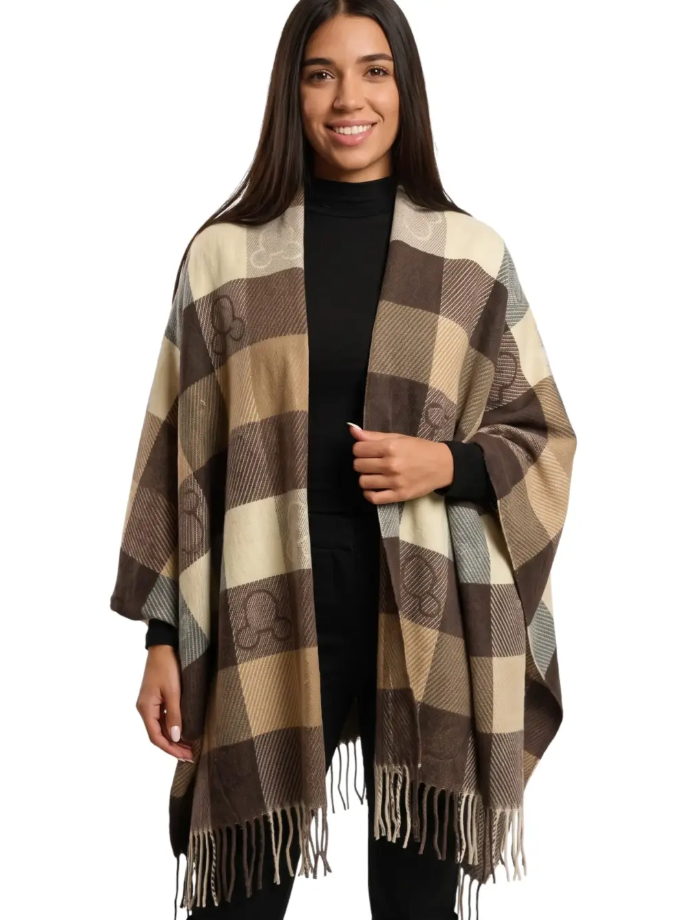 Șal elegant de damă maro-crem din cașmir și lână, Model Character Șal elegant de damă maro-crem din cașmir și lână, Model Character