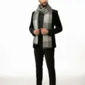 Fular bărbătesc din cașmir și lână, gri deschis și gri închis, model geometric în carouri Geometric Elegance