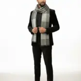 Fular bărbătesc din cașmir și lână, gri deschis și gri închis, model geometric în carouri Geometric Elegance