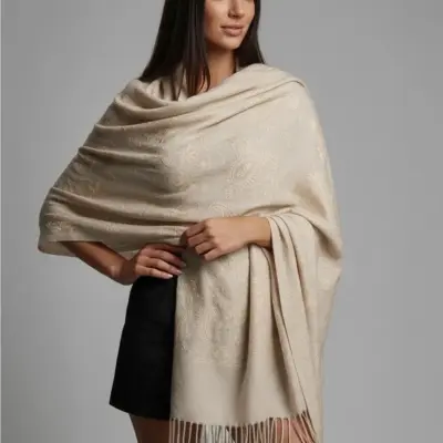 Șal damă bej taupe din cașmir și lână cu broderie Paisley