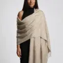 Șal damă bej taupe din cașmir și lână cu broderie Paisley