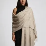 Șal damă bej taupe din cașmir și lână cu broderie Paisley