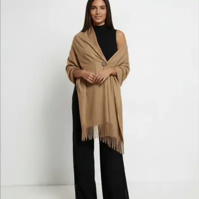 Șal elegant damă camel cald din cașmir și lână, model uni