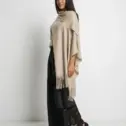 Șal elegant damă bej cenușiu din cașmir și lână, model uni