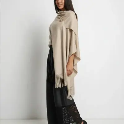 Șal elegant damă bej cenușiu din cașmir și lână, model uni