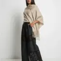 Șal elegant damă bej cenușiu din cașmir și lână, model uni