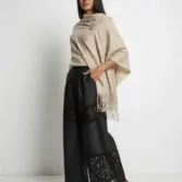 Șal elegant damă bej cenușiu din cașmir și lână, model uni